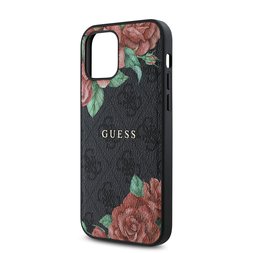 Guess iPhone 12 Pro Orjinal Lisanslı M-safe Şarj Özellikli Gül Baskılı 4G Desenli Yazı Logolu Kılıf