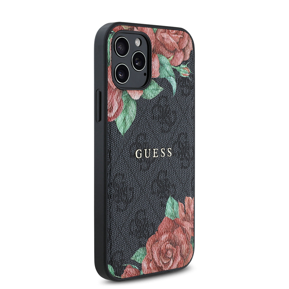 Guess iPhone 12 Pro Orjinal Lisanslı M-safe Şarj Özellikli Gül Baskılı 4G Desenli Yazı Logolu Kılıf