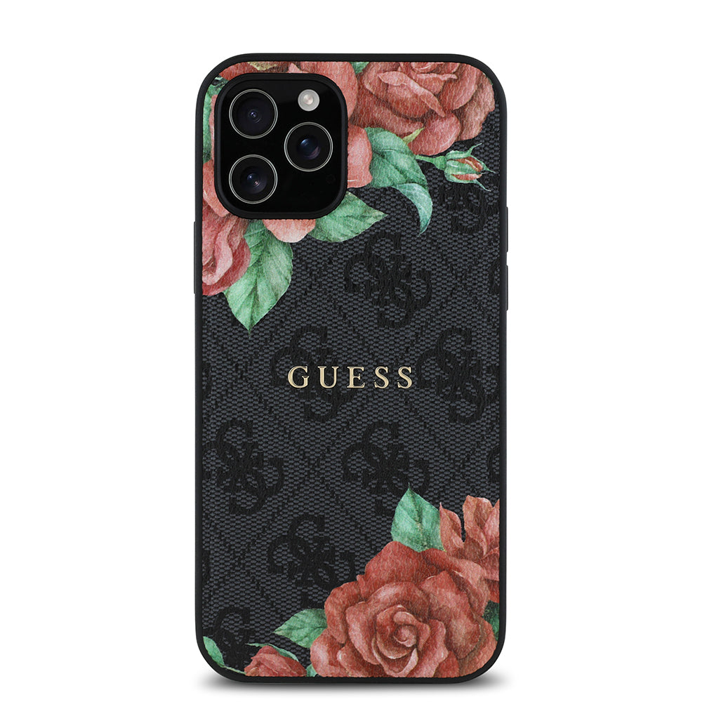 Guess iPhone 12 Pro Orjinal Lisanslı M-safe Şarj Özellikli Gül Baskılı 4G Desenli Yazı Logolu Kılıf