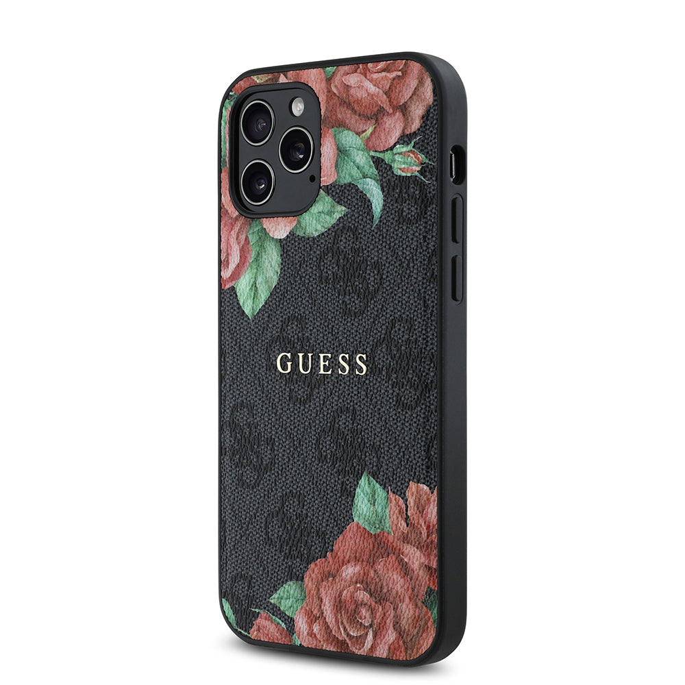 Guess iPhone 12 Pro Orjinal Lisanslı M-safe Şarj Özellikli Gül Baskılı 4G Desenli Yazı Logolu Kılıf