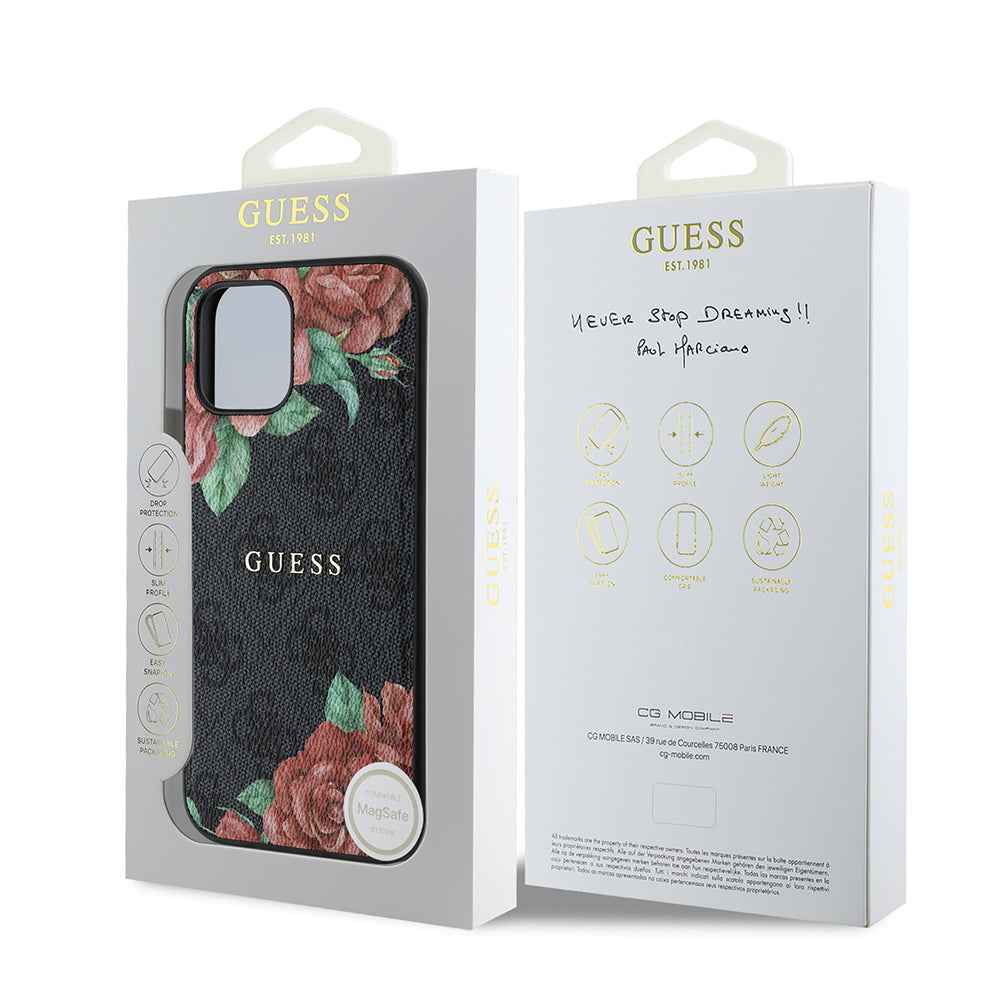 Guess iPhone 12 Pro Orjinal Lisanslı M-safe Şarj Özellikli Gül Baskılı 4G Desenli Yazı Logolu Kılıf
