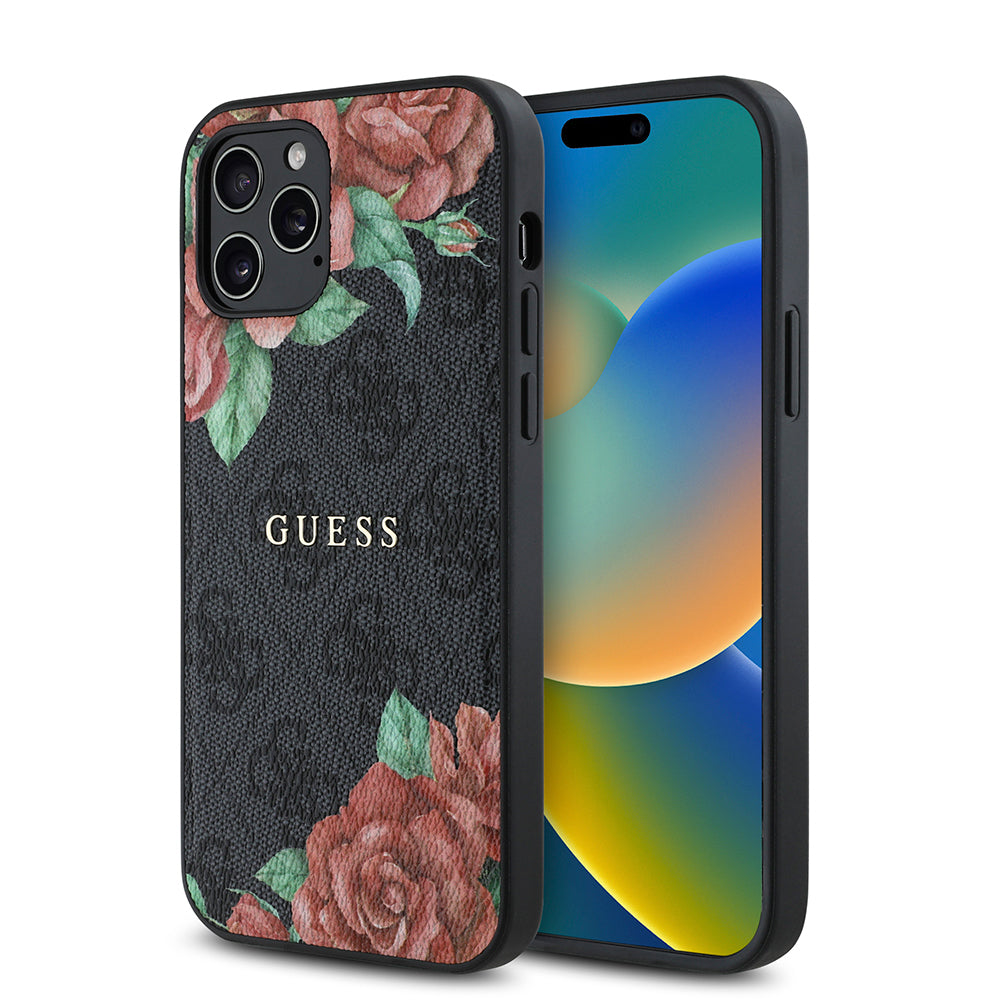 Guess iPhone 12 Pro Orjinal Lisanslı M-safe Şarj Özellikli Gül Baskılı 4G Desenli Yazı Logolu Kılıf