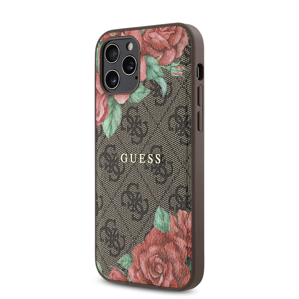 Guess iPhone 12 Pro Orjinal Lisanslı M-safe Şarj Özellikli Gül Baskılı 4G Desenli Yazı Logolu Kılıf