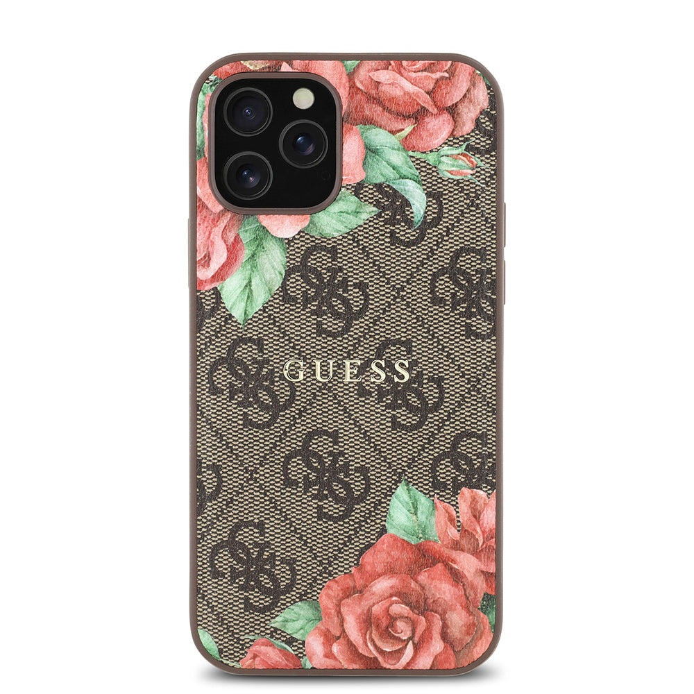 Guess iPhone 12 Pro Orjinal Lisanslı M-safe Şarj Özellikli Gül Baskılı 4G Desenli Yazı Logolu Kılıf