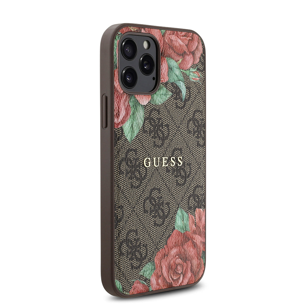Guess iPhone 12 Pro Orjinal Lisanslı M-safe Şarj Özellikli Gül Baskılı 4G Desenli Yazı Logolu Kılıf