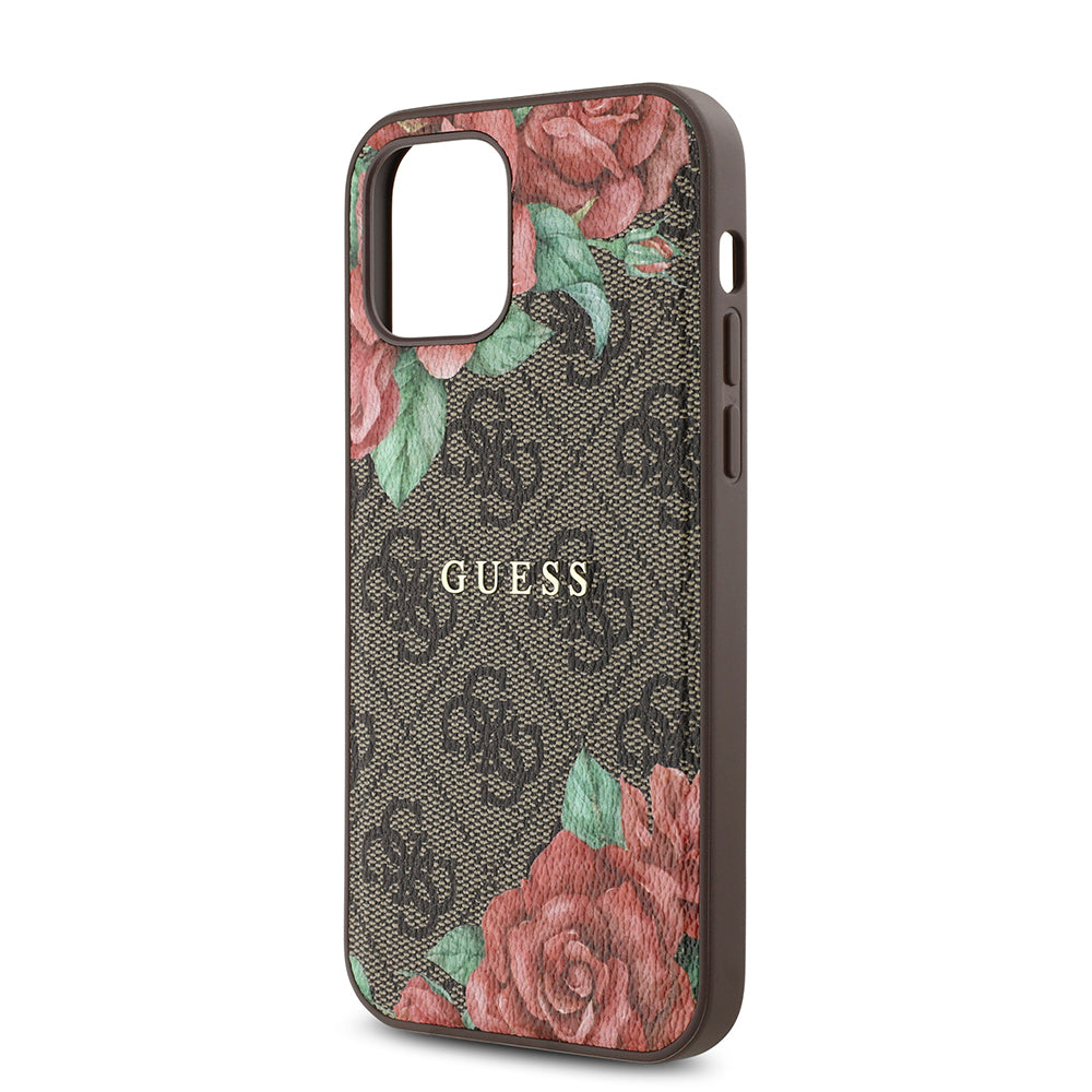 Guess iPhone 12 Pro Orjinal Lisanslı M-safe Şarj Özellikli Gül Baskılı 4G Desenli Yazı Logolu Kılıf