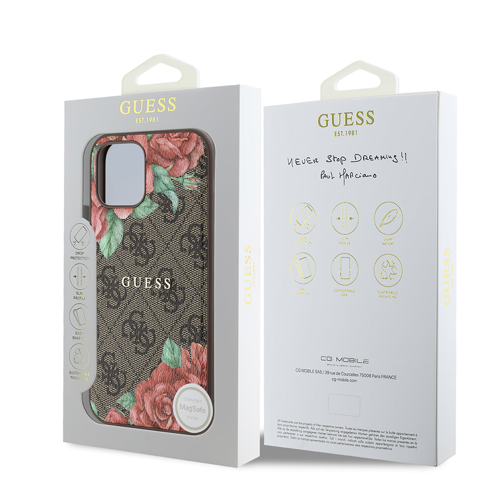Guess iPhone 12 Pro Orjinal Lisanslı M-safe Şarj Özellikli Gül Baskılı 4G Desenli Yazı Logolu Kılıf