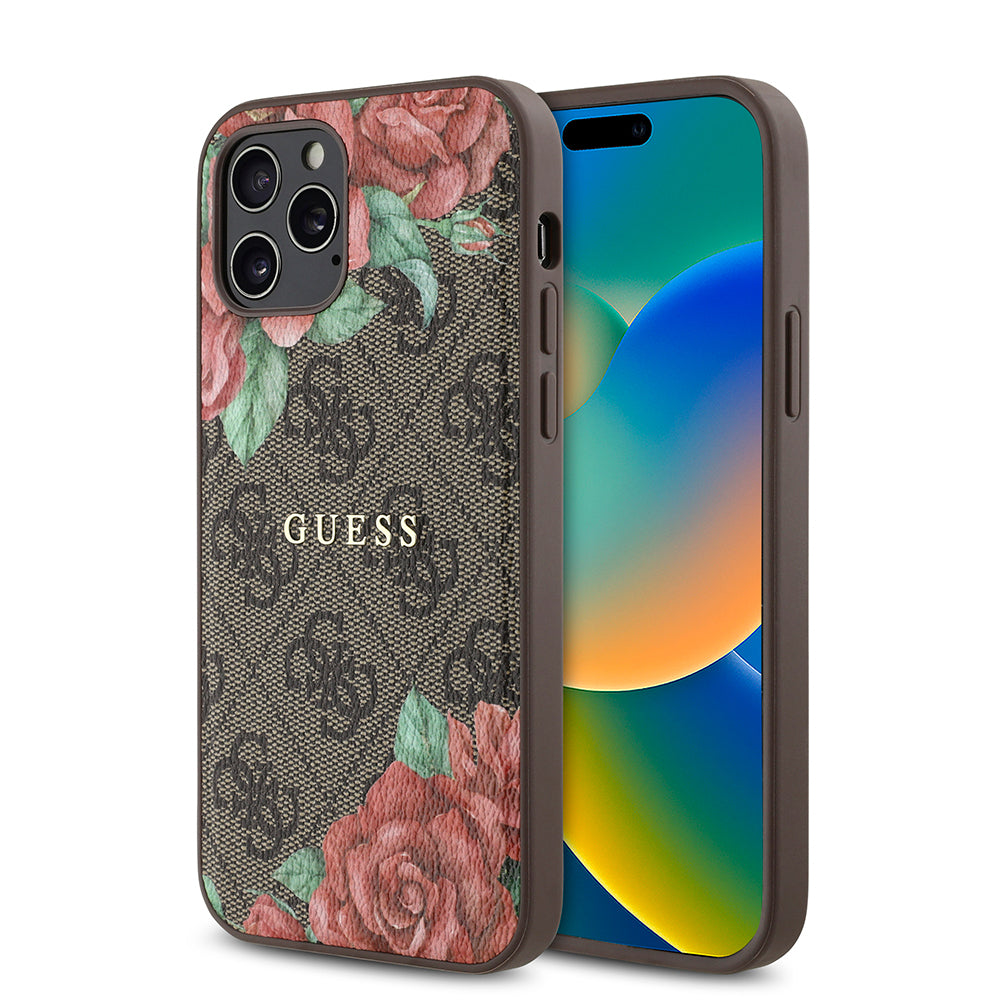 Guess iPhone 12 Pro Orjinal Lisanslı M-safe Şarj Özellikli Gül Baskılı 4G Desenli Yazı Logolu Kılıf