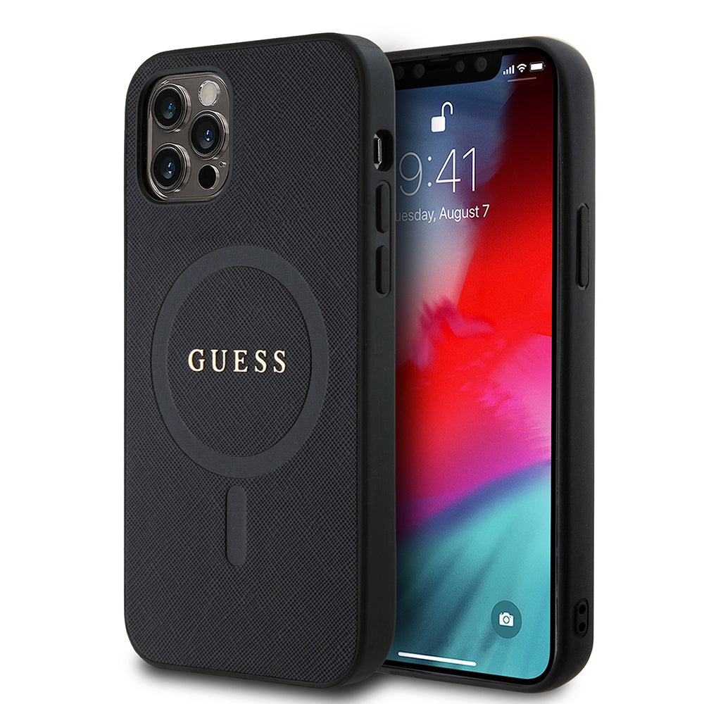 Guess iPhone 12 Pro Orjinal Lisanslı M-safe Şarj Özellikli Yazı Logolu Saffiano Classic Kılıf