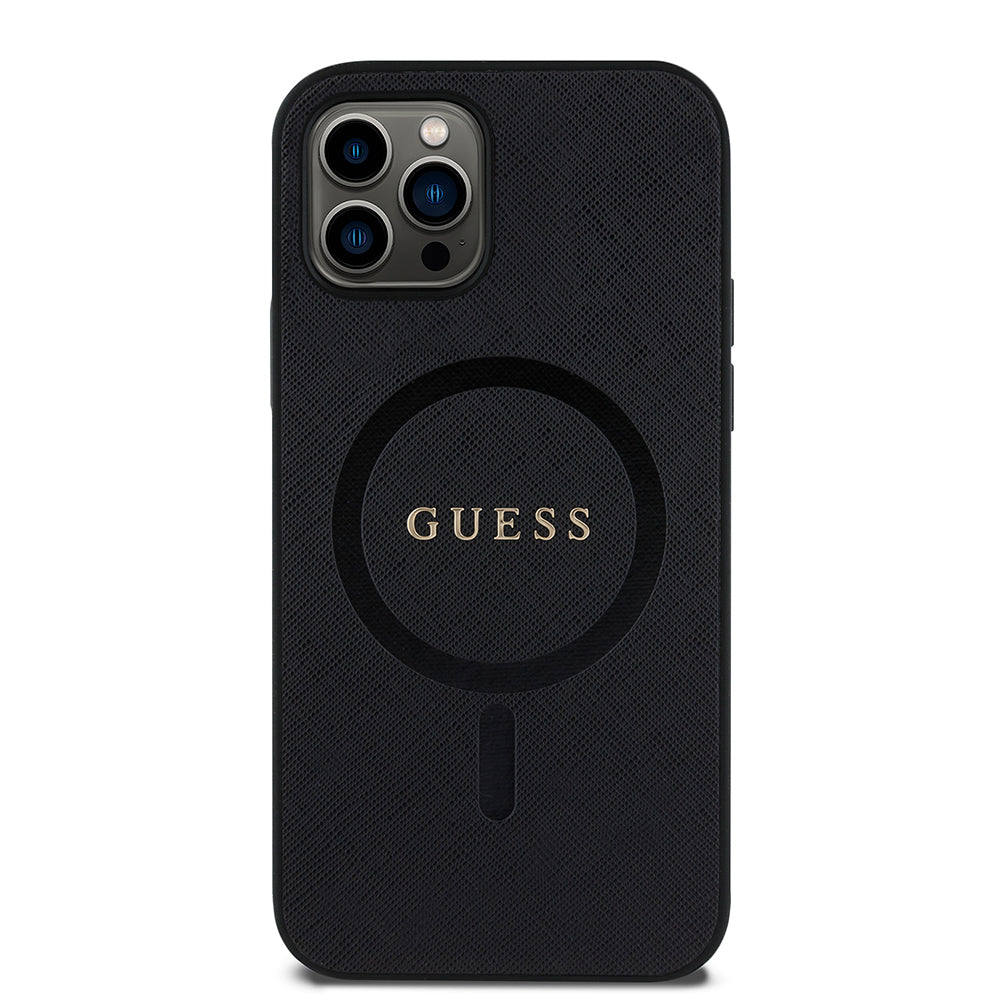 Guess iPhone 12 Pro Orjinal Lisanslı M-safe Şarj Özellikli Yazı Logolu Saffiano Classic Kılıf