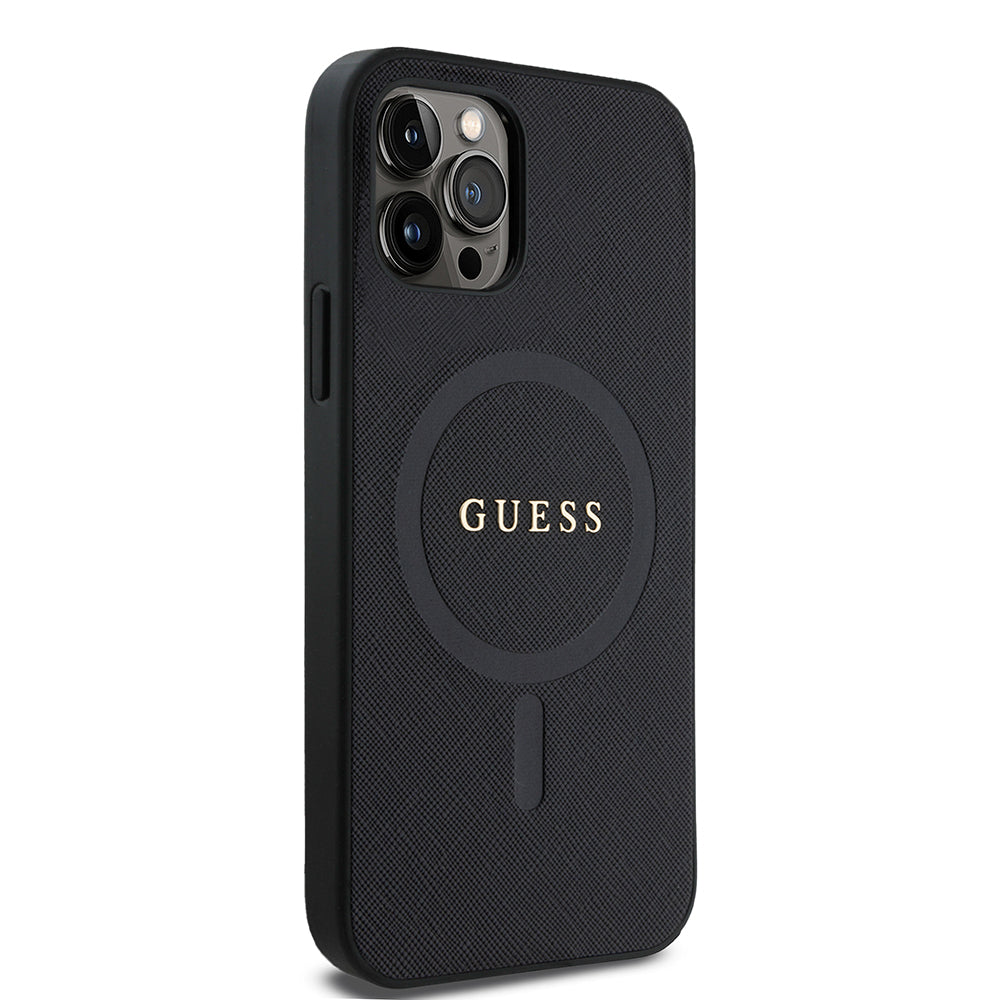 Guess iPhone 12 Pro Orjinal Lisanslı M-safe Şarj Özellikli Yazı Logolu Saffiano Classic Kılıf