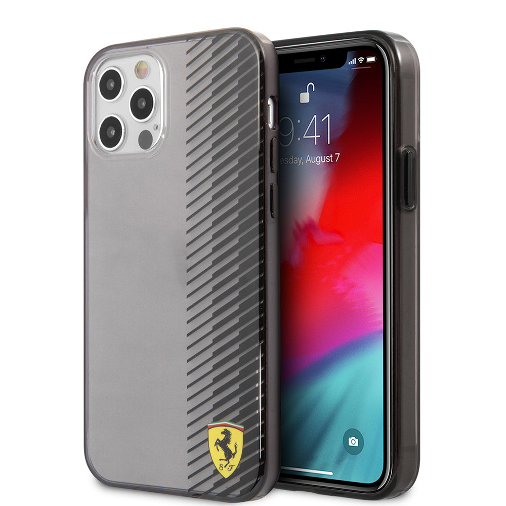 Ferrari iPhone 12 Pro Max Orjinal Lisanlı Klasik Metal Logolu Transparan Çizgi Desenli Gradient Kılıf