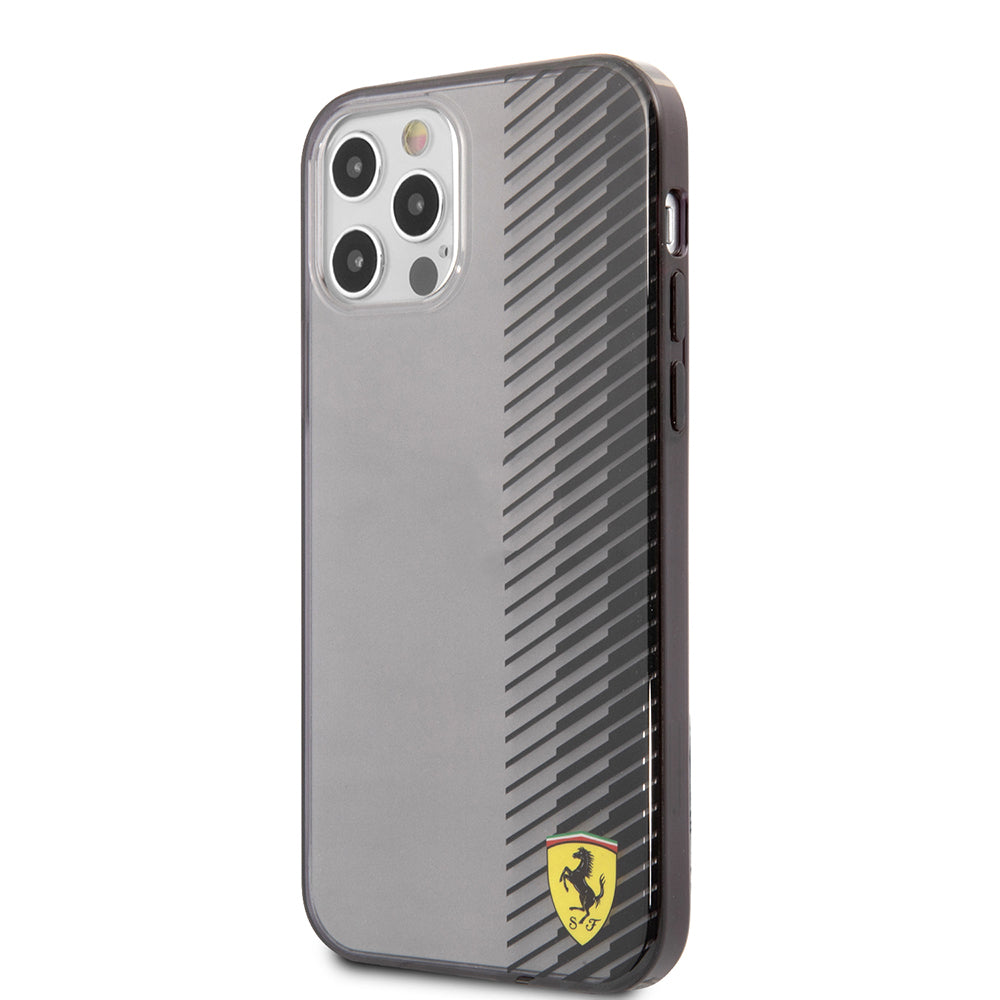 Ferrari iPhone 12 Pro Max Orjinal Lisanlı Klasik Metal Logolu Transparan Çizgi Desenli Gradient Kılıf
