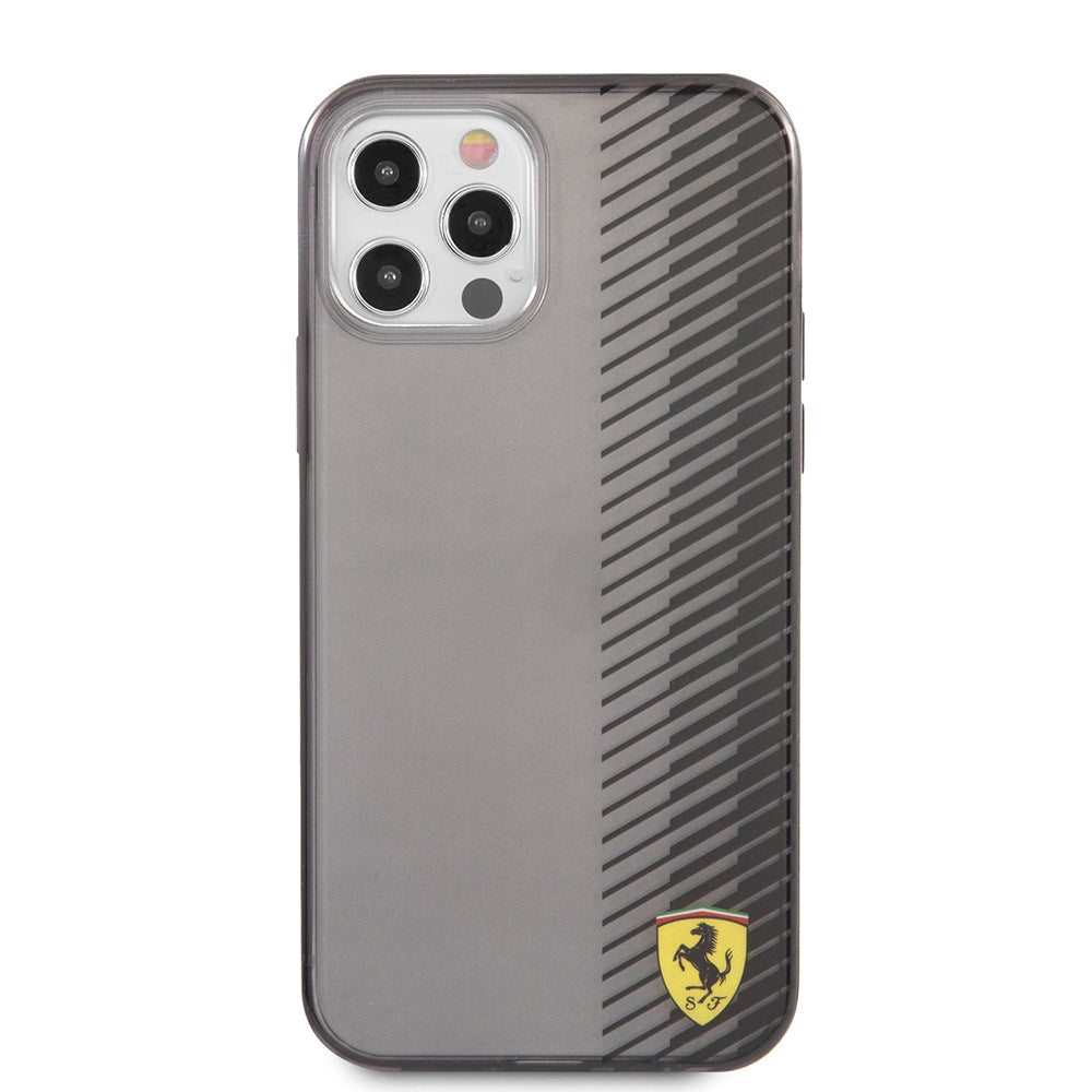 Ferrari iPhone 12 Pro Max Orjinal Lisanlı Klasik Metal Logolu Transparan Çizgi Desenli Gradient Kılıf