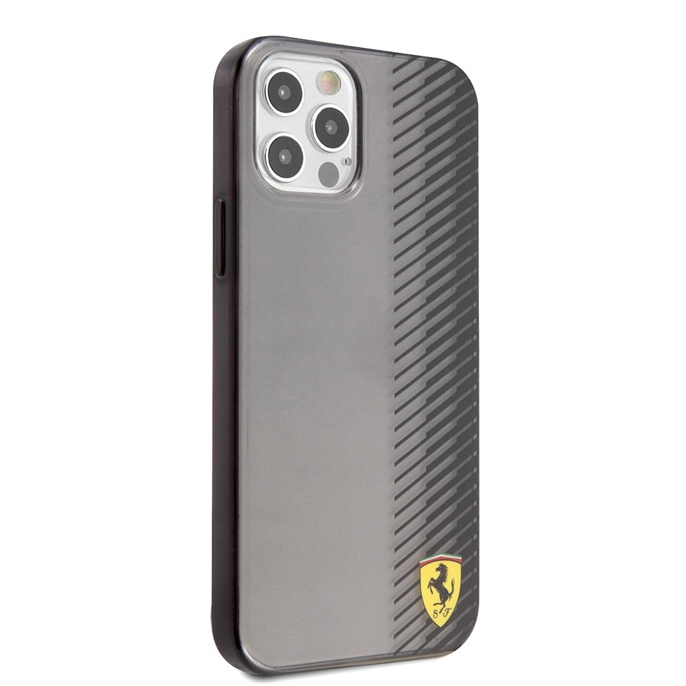 Ferrari iPhone 12 Pro Max Orjinal Lisanlı Klasik Metal Logolu Transparan Çizgi Desenli Gradient Kılıf