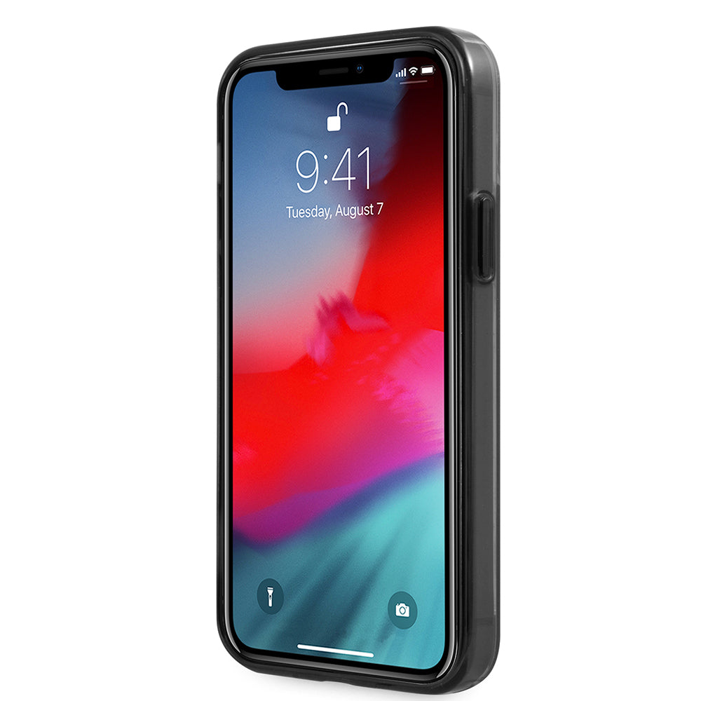 Ferrari iPhone 12 Pro Max Orjinal Lisanlı Klasik Metal Logolu Transparan Çizgi Desenli Gradient Kılıf