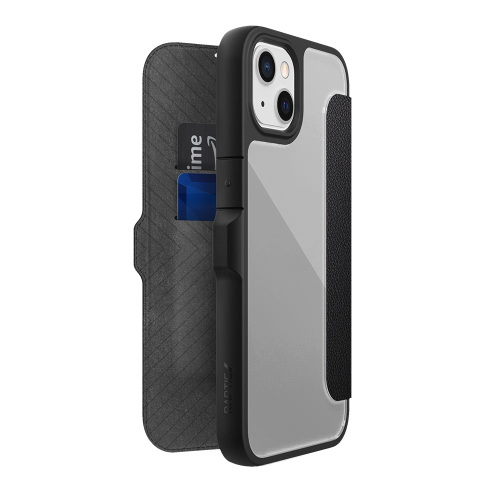 Raptic Urban Folio Serisi iPhone 13 Vegan Deri Tasarımlı Şeffaf Arka Yüzey Kartlıklı Kılıf