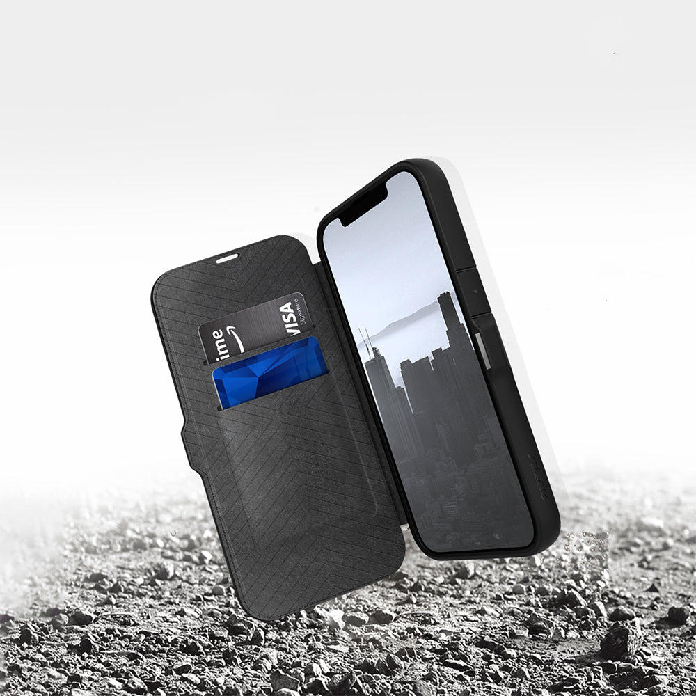 Raptic Urban Folio Serisi iPhone 13 Vegan Deri Tasarımlı Şeffaf Arka Yüzey Kartlıklı Kılıf