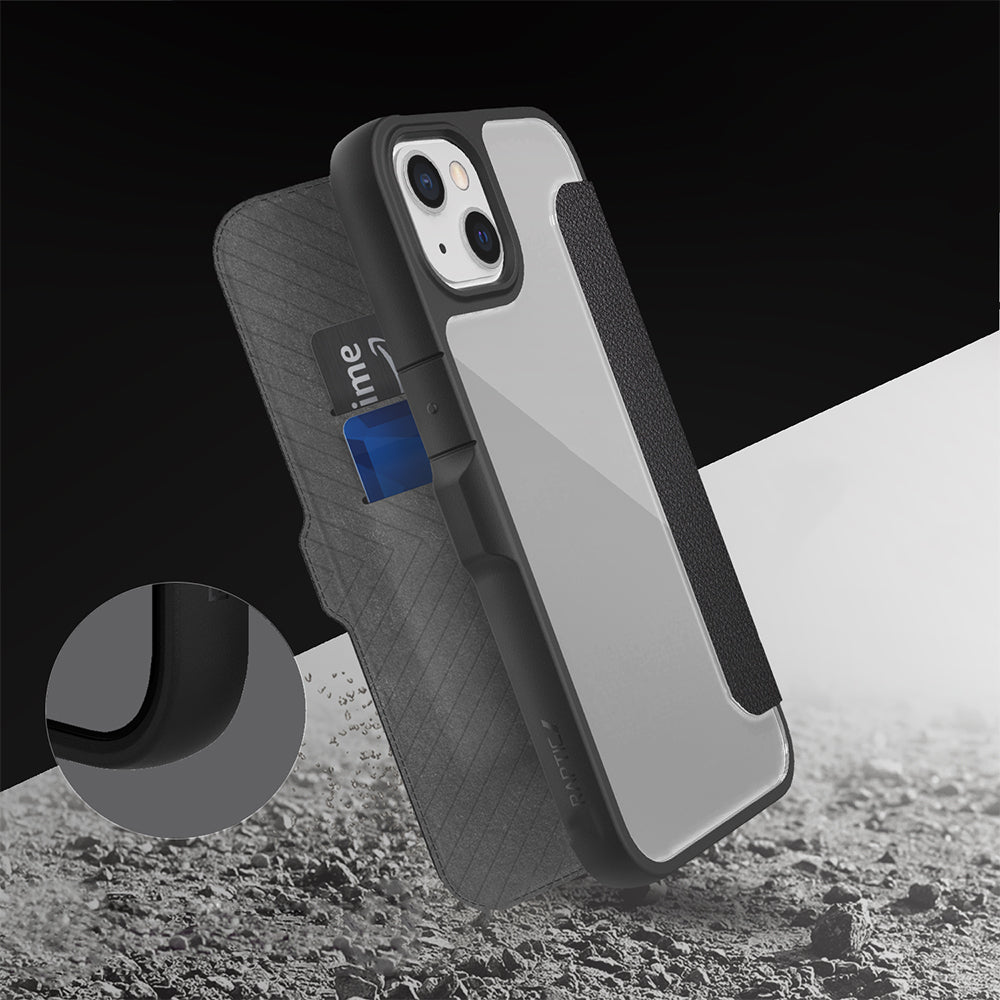Raptic Urban Folio Serisi iPhone 13 Vegan Deri Tasarımlı Şeffaf Arka Yüzey Kartlıklı Kılıf