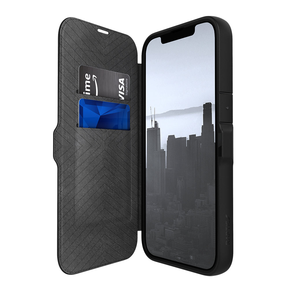 Raptic Urban Folio Serisi iPhone 13 Vegan Deri Tasarımlı Şeffaf Arka Yüzey Kartlıklı Kılıf