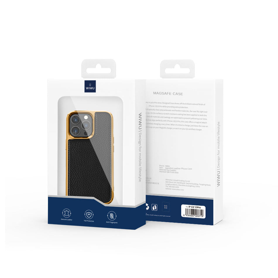 Wiwu Genuine iPhone 13 Leather Gold Calfskin Orjinal Deri Telefon Kılıfı