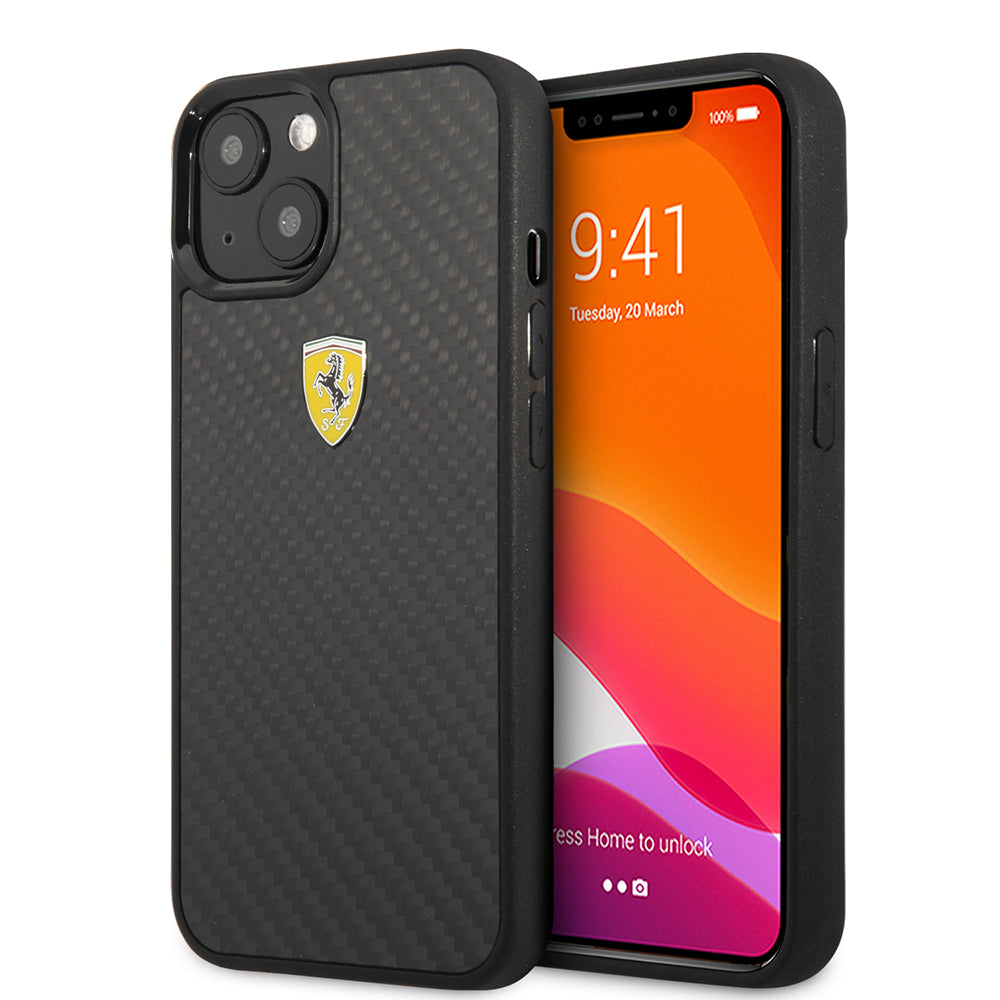 Ferrari iPhone 13 Mini Orjinal Lisanlı Klasik Metal Logolu Karbon Dizayn Kılıf