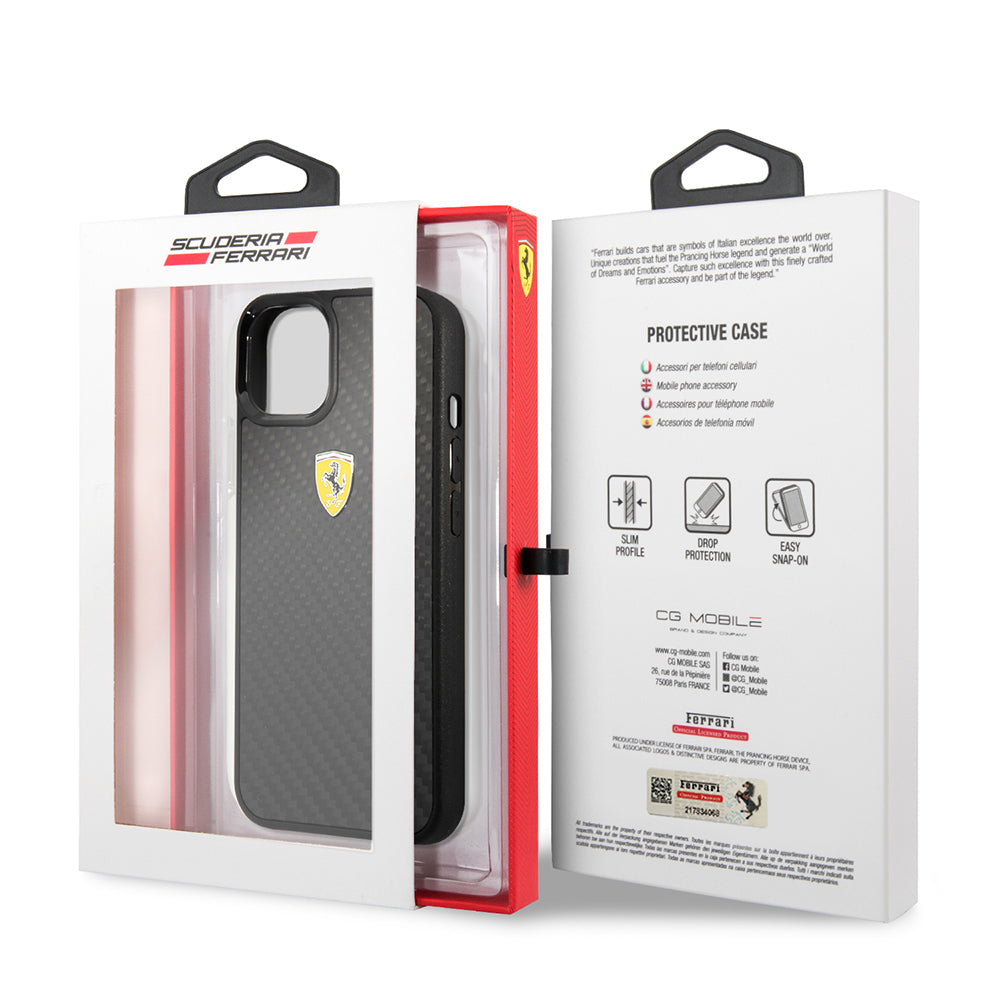 Ferrari iPhone 13 Mini Orjinal Lisanlı Klasik Metal Logolu Karbon Dizayn Kılıf
