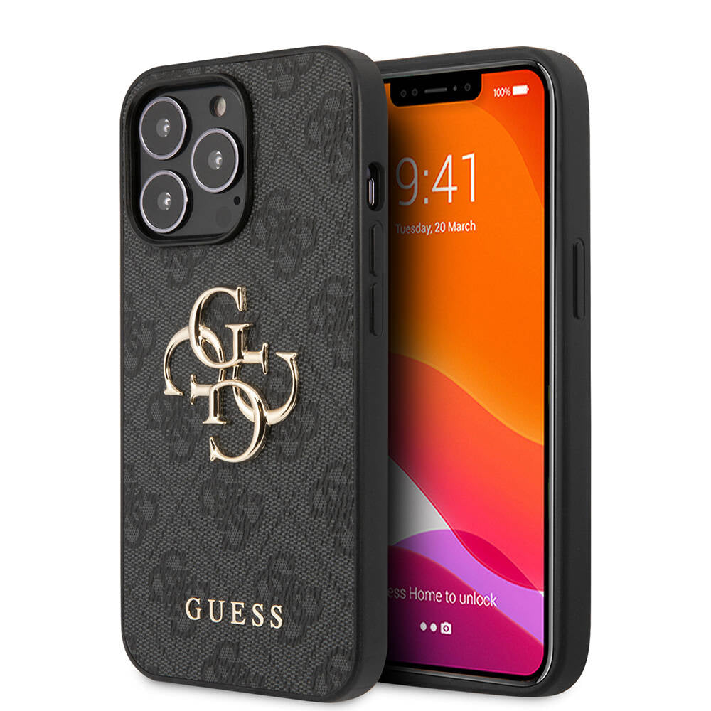 Guess iPhone 13 Pro Orjinal Lisanslı PU Deri 4G Desenli Metal Büyük ve 4G Logolu Telefon Kılıfı