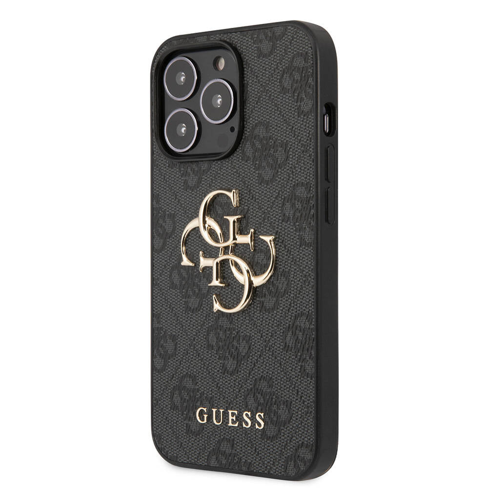 Guess iPhone 13 Pro Orjinal Lisanslı PU Deri 4G Desenli Metal Büyük ve 4G Logolu Telefon Kılıfı