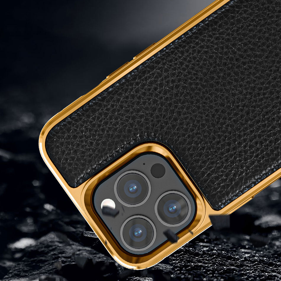 Wiwu Genuine iPhone 13 Pro Leather Gold Calfskin Orjinal Deri Telefon Kılıfı