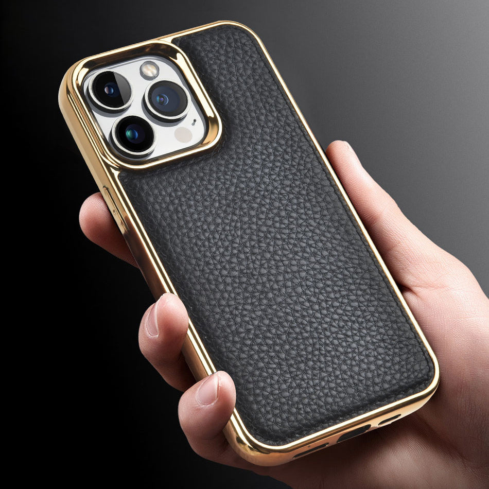 Wiwu Genuine iPhone 13 Pro Leather Gold Calfskin Orjinal Deri Telefon Kılıfı