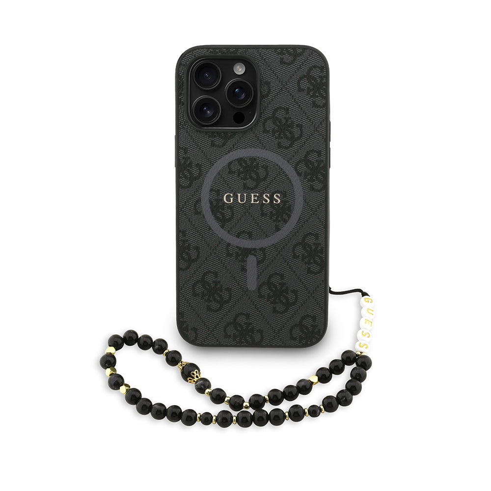 Guess iPhone 13 Pro Max Orjinal Lisanslı Magsafe PU Deri Bilek Askı İpli Yazı Logolu Telefon Kılıfı
