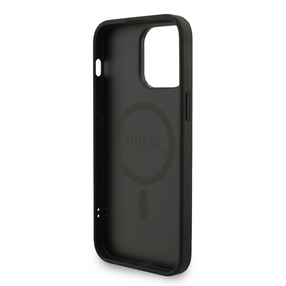 Guess iPhone 13 Pro Max Orjinal Lisanslı Magsafe PU Deri Bilek Askı İpli Yazı Logolu Telefon Kılıfı
