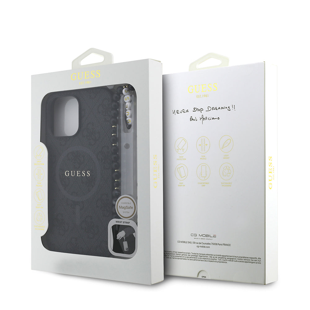 Guess iPhone 13 Pro Max Orjinal Lisanslı Magsafe PU Deri Bilek Askı İpli Yazı Logolu Telefon Kılıfı
