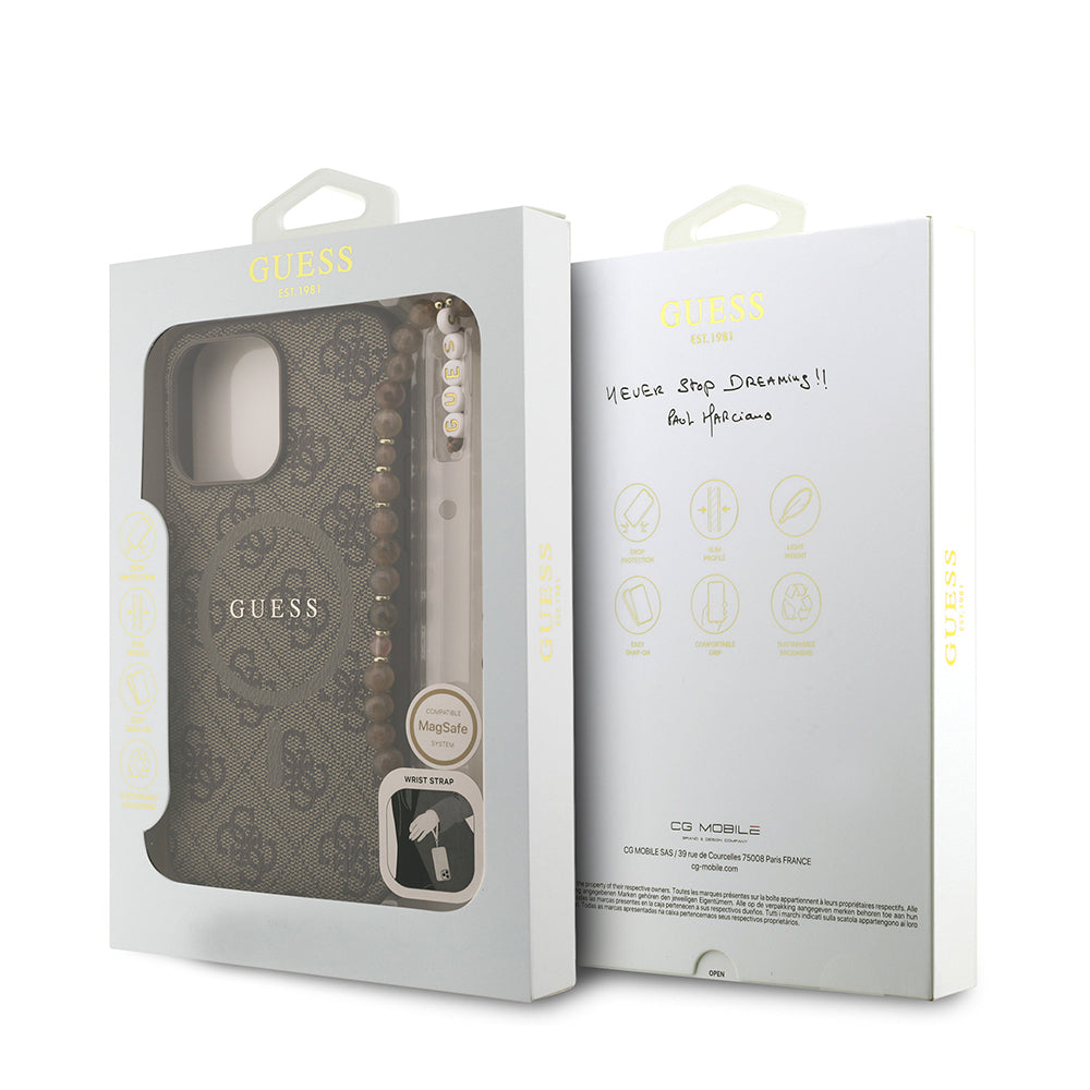 Guess iPhone 13 Pro Max Orjinal Lisanslı Magsafe PU Deri Bilek Askı İpli Yazı Logolu Telefon Kılıfı