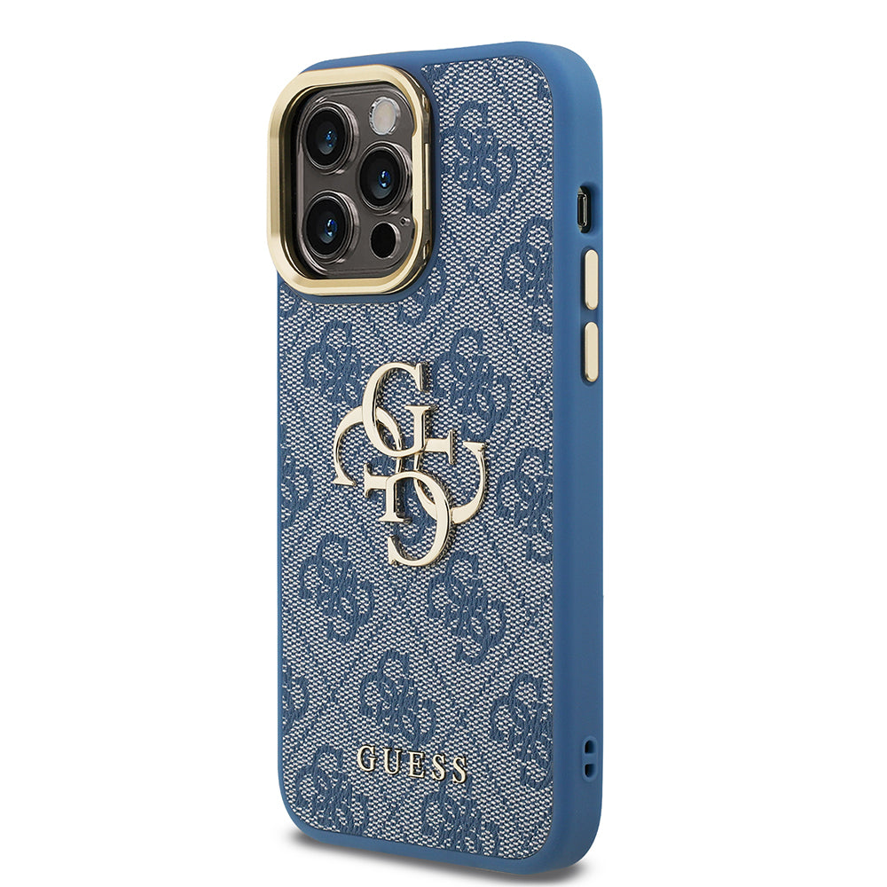Guess iPhone 13 Pro Max Orjinal Lisanslı PU Deri 4G Desenli Metal Büyük 4G ve Yazı Logolu Kamera Standlı Kılıf
