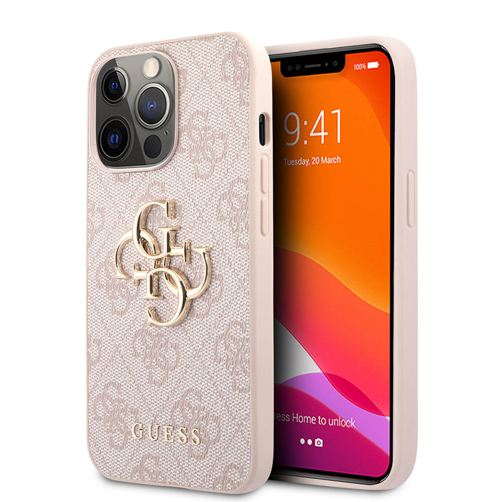 Guess iPhone 13 Pro Max Orjinal Lisanslı PU Deri 4G Desenli Metal Büyük 4G ve Yazı Logolu Telefon Kılıfı - 1