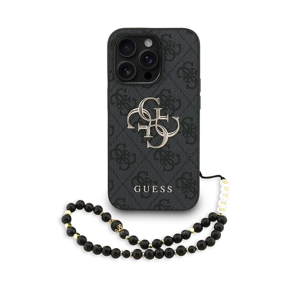 Guess iPhone 13 Pro Max Orjinal Lisanslı PU Deri Bilek Askı İpli Metal Büyük 4G ve Yazı Logolu Kılıf
