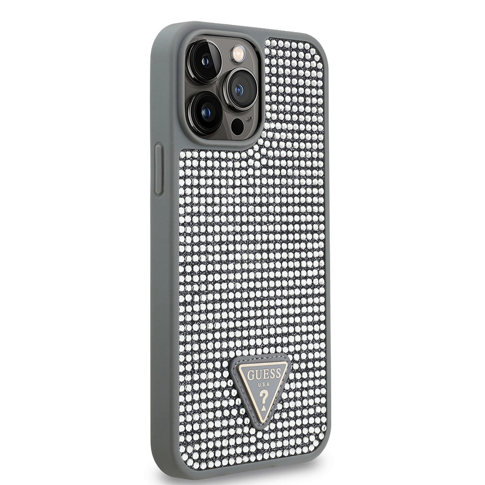 Guess iPhone 13 Pro Max Orjinal Lisanslı Taşlı Arka Yüzey Üçgen Logolu Telefon Kılıfı