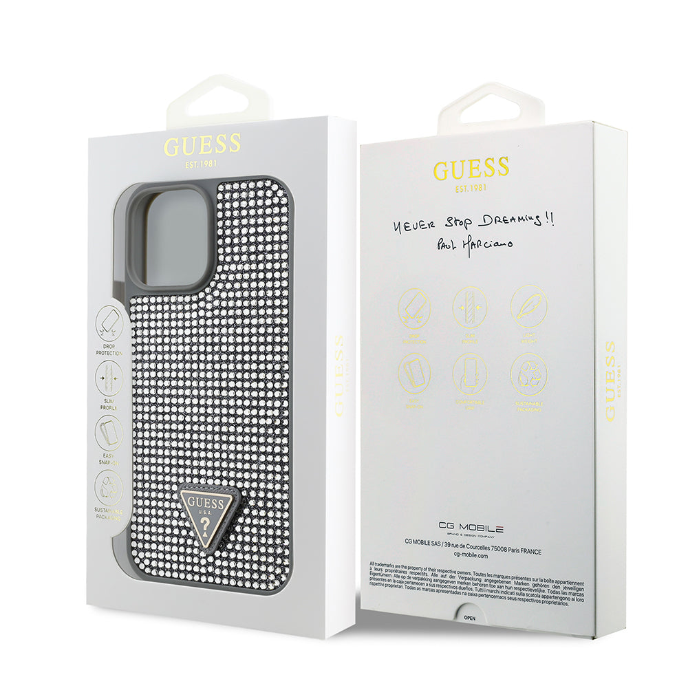 Guess iPhone 13 Pro Max Orjinal Lisanslı Taşlı Arka Yüzey Üçgen Logolu Telefon Kılıfı