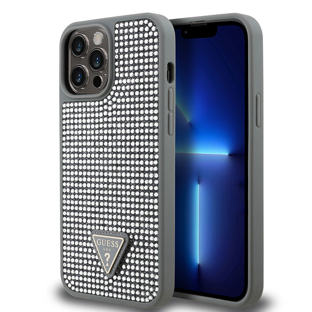 Guess iPhone 13 Pro Max Orjinal Lisanslı Taşlı Arka Yüzey Üçgen Logolu Telefon Kılıfı