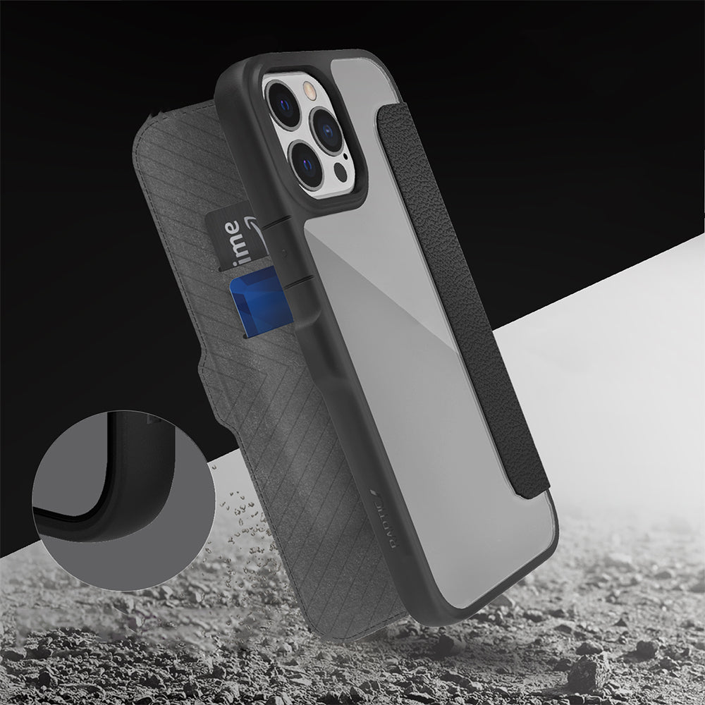 Raptic Urban Folio Serisi iPhone 13 Pro Max Vegan Deri Tasarımlı Şeffaf Arka Yüzey Kartlıklı Kılıf