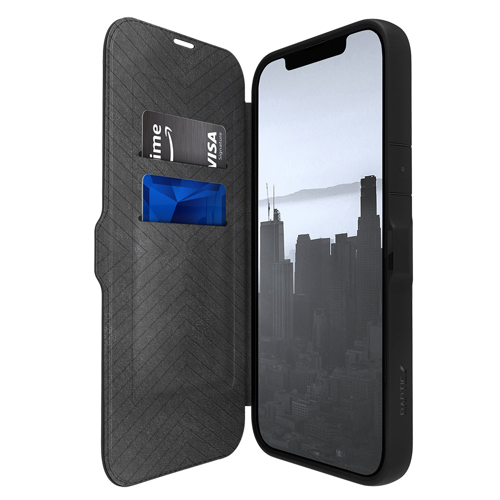 Raptic Urban Folio Serisi iPhone 13 Pro Max Vegan Deri Tasarımlı Şeffaf Arka Yüzey Kartlıklı Kılıf