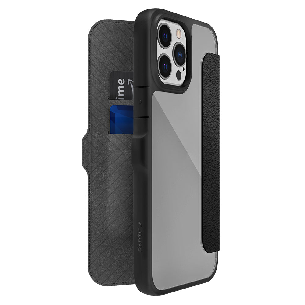 Raptic Urban Folio Serisi iPhone 13 Pro Max Vegan Deri Tasarımlı Şeffaf Arka Yüzey Kartlıklı Kılıf