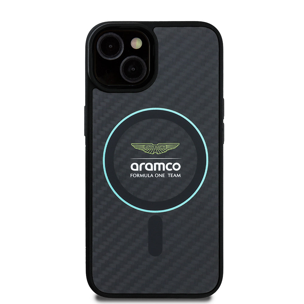 Apple iPhone 14 Aston Martin Orjinal Lisanslı M-safe Şarj Özellikli Renkli Halka ve Karbon Fiber Tasarımlı Kılıf