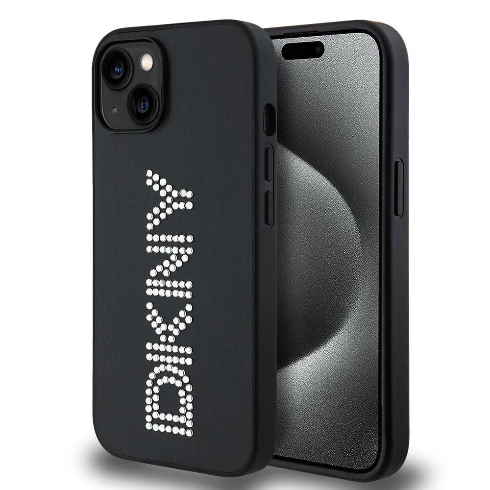 DKNY iPhone 14 Orjinal Lisanslı Taşlı DKNY Yazılı Metalik Rhinestones PU Deri Kılıf