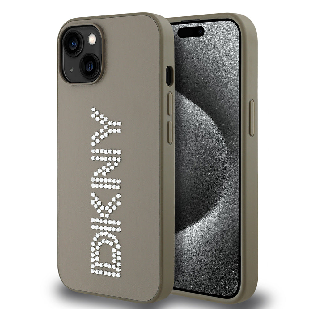 DKNY iPhone 14 Orjinal Lisanslı Taşlı DKNY Yazılı Metalik Rhinestones PU Deri Kılıf