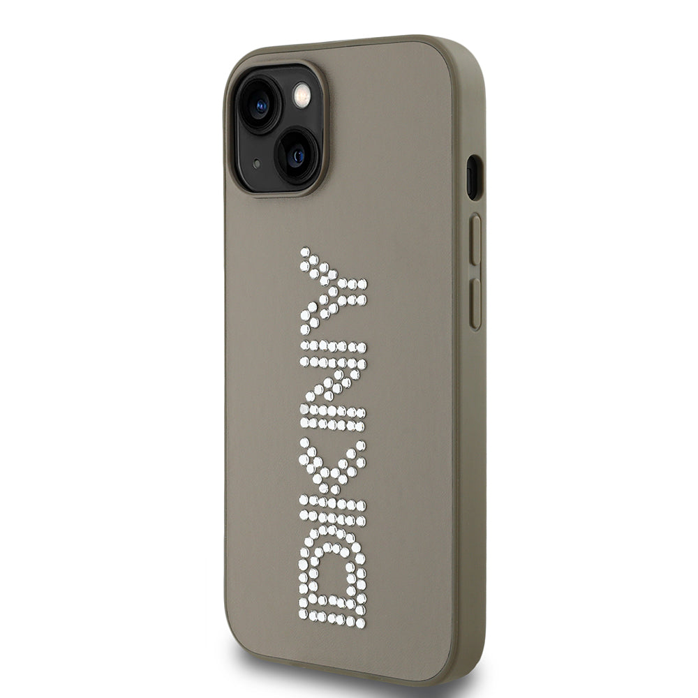 DKNY iPhone 14 Orjinal Lisanslı Taşlı DKNY Yazılı Metalik Rhinestones PU Deri Kılıf