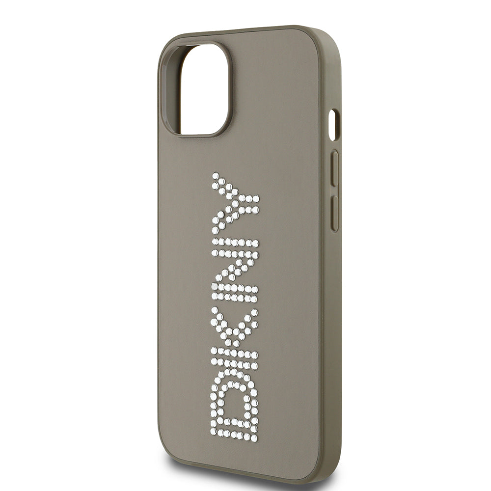 DKNY iPhone 14 Orjinal Lisanslı Taşlı DKNY Yazılı Metalik Rhinestones PU Deri Kılıf