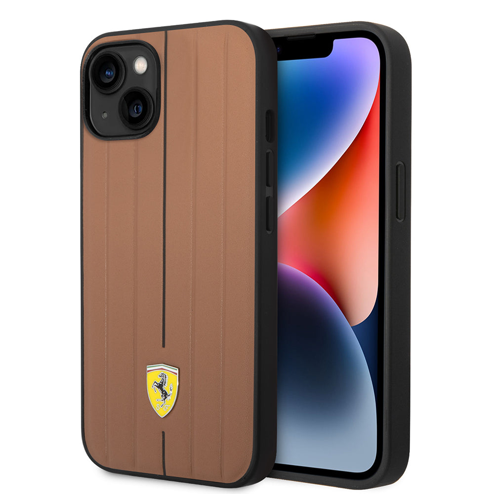 Ferrari iPhone 14 Orjinal Lisanslı Deri Arka Yüzey Metal Logolu Şerit Tasarımlı Kılıf